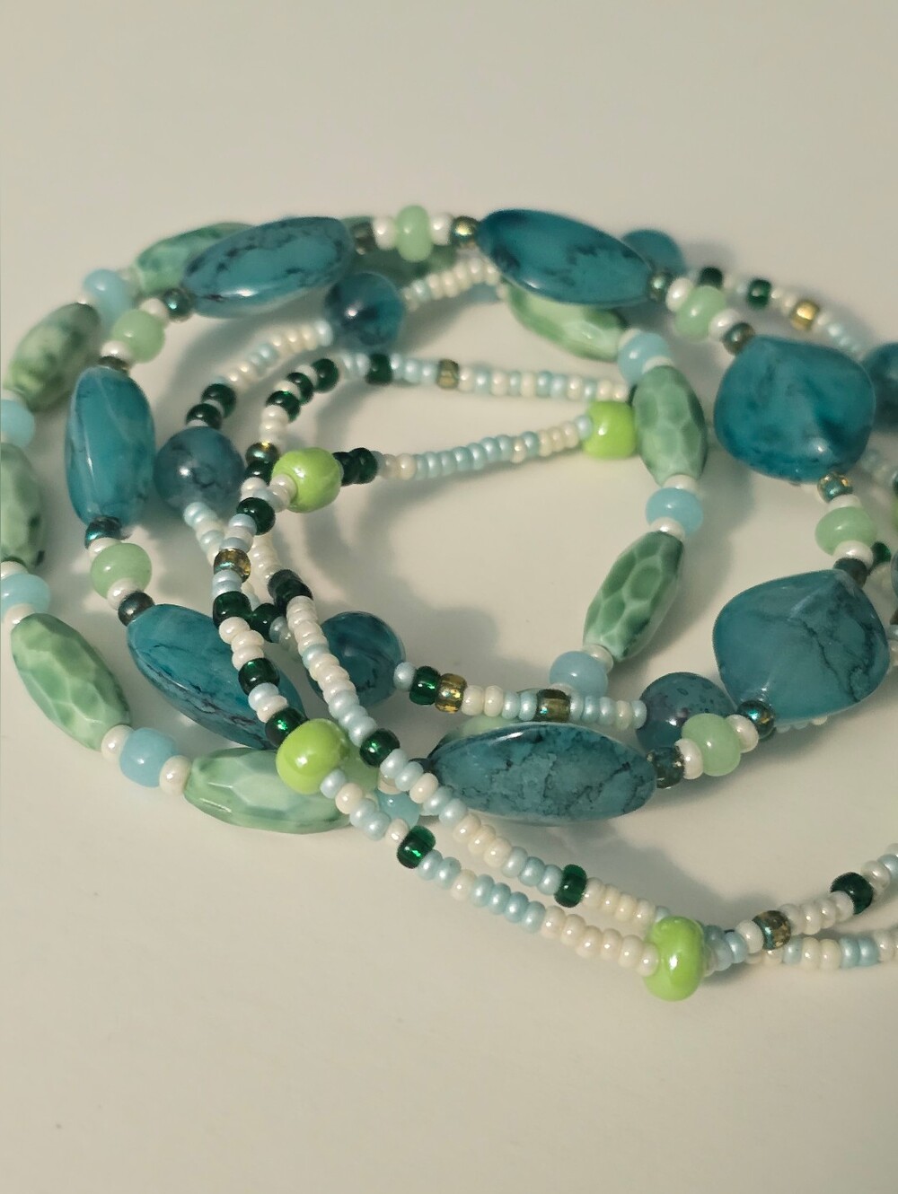 Beach bracelet set,light blue Green seed beads. Stretchy Layered Vintage